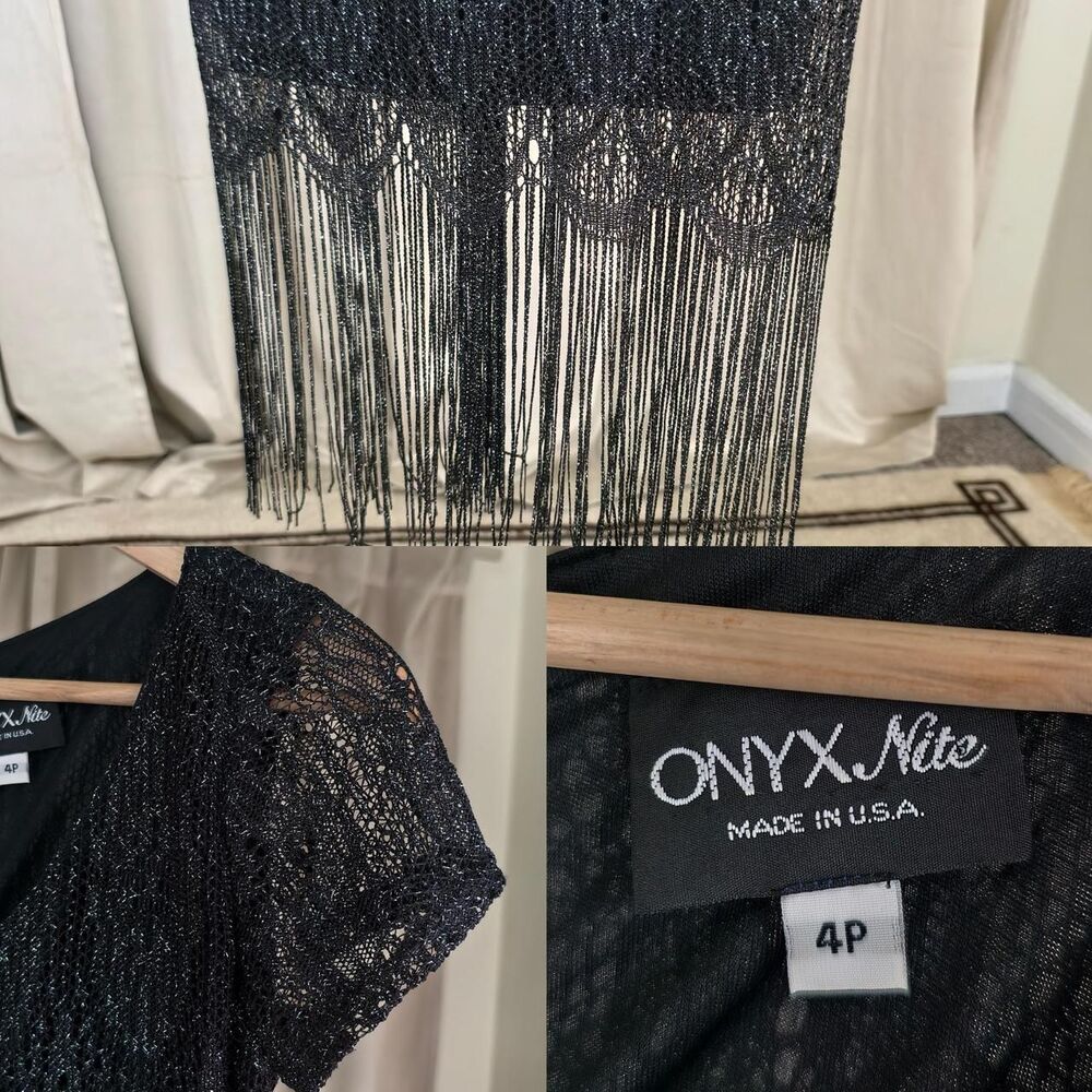 Vintage Onyx Nite Black Silver Metallic Lace Dress with Fringe Hem - Picture 6 of 8